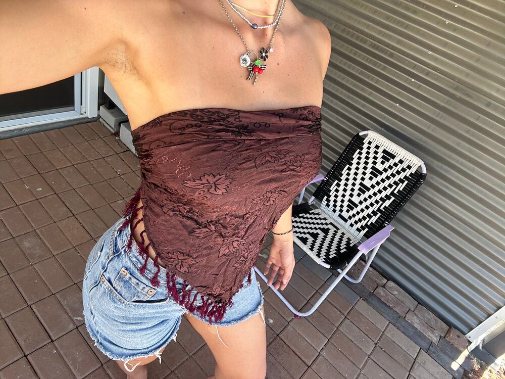 Women's Scarf Brown Metallic Rust Tassel Triangle Scarf Top Vintage Floral